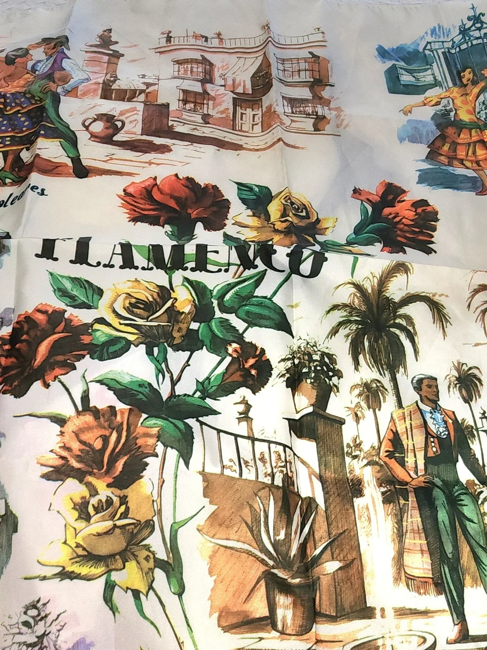 Floral & Flamenco Scenic Silk-Feel Scarf - Cream, Red, Yellow, Green